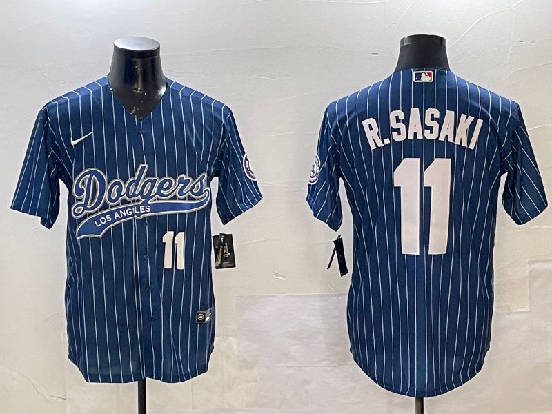 Men Los Angeles Dodgers #11 R.Sasaki Blue Stripe Joint Name 2025 Nike MLB Jersey style 3